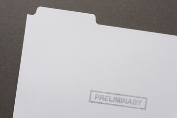 the word preliminary stamped with dark ink on a white coated paper folder with some gray space