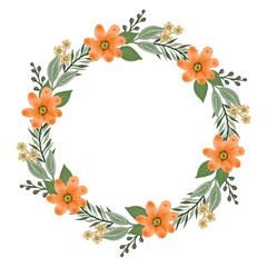 circle oranges bouquet, circle frame with orange flower and green leaf border