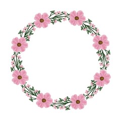 simple pink wreath, circle frame with pink flower and green leaf border