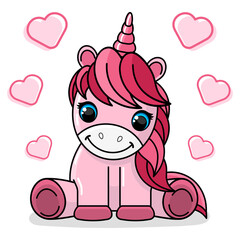 Pink unicorn with pink hair and hearts