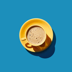 Top view of a cup of coffee on blue pastel background