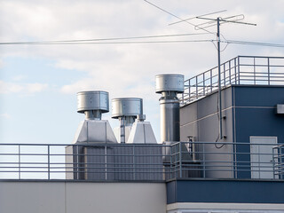 Obraz premium Ventilation shaft pipes, supply and exhaust ventilation system, exhaust hood in a residential building, office, close-up, fresh air, ventilation