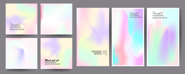 Gradient mesh cover set of backgrounds texture foil pearl shades. Abstract stylish gradient with holographic foil. 90s, 80s retro style