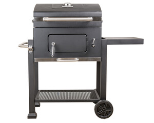 Grill. Outdoor charcoal heavy duty metal grill. Professional for expert cooks grill for steak, bbq, barbecue, burger, fish, pork, beef, grilled meat. Picnic or cookout party. White isolated background