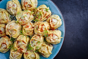 Traditional steamed Kazakh manti garnished with mincemeat and sumah served as top view on a Nordic design plate with copy space right