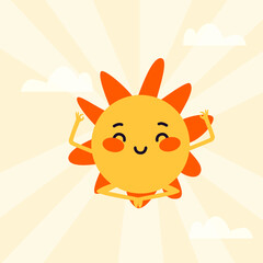 Sun doing yoga in the pink sky. Vector cute illustration.