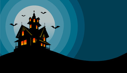 The haunted house on the hill with full moon in the background and bats flying around. Cartoon background. Vector Illustration.