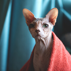 Wrinkled hairless Sphynx cat. Home feline pet under red blanket on blue blurred background. Head...