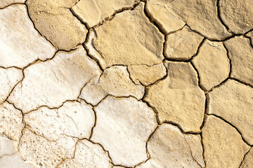 Dry dewatered sandy ground. Global warming concept. Cracked desert soil. Arid climate. Abstract texture or background. Horizontal format.