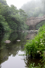 Fototapeta na wymiar A bridge across tranquil waters of a river hidden between misty forest