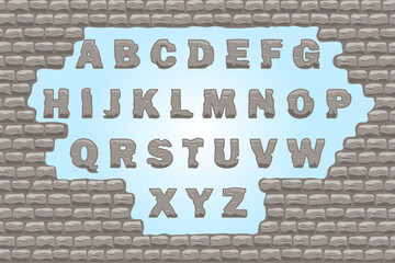 Fototapeta na wymiar stone letters of english alphabet and frame of destroyed stone wall 