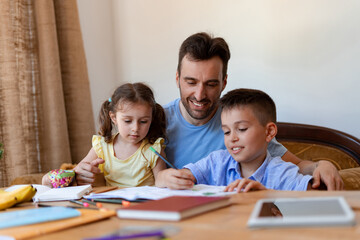 The nanny man teaches children to write and prepares them for school, rejoices in their success and monitors the learning process.