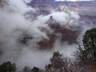 Grand Canyon from South Rim with misty clouds