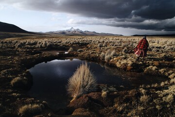 An altiplano woman walks by the thermal springs in Sajama National Park, in the Bolivian Andes, with dark clouds forming in the distance. - 447976097