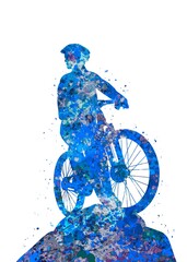 Mountain bike blue watercolor art, abstract sport painting. blue sport art print, watercolor illustration artistic, decoration wall art.