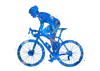 Tuinposter Road biker blue watercolor art, abstract sport painting. blue sport art print, watercolor illustration artistic, decoration wall art. © Yahya Art