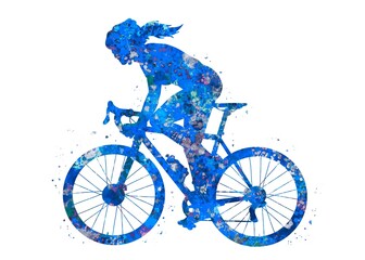 Road bike girl blue watercolor art, abstract sport painting. blue sport art print, watercolor illustration artistic, decoration wall art.