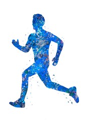 Runner male blue watercolor art, abstract sport painting. blue sport art print, watercolor illustration artistic, decoration wall art.