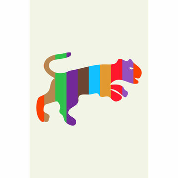 Colorful tiger illustration on white, tiger New Year decoration, rainbow card, vector