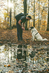 happy dog and man playing in autumn forest