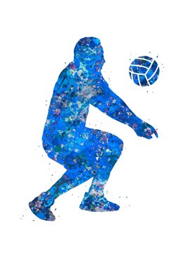 Volleyball Player blue watercolor art, abstract sport painting. blue sport art print, watercolor illustration artistic, decoration wall art.