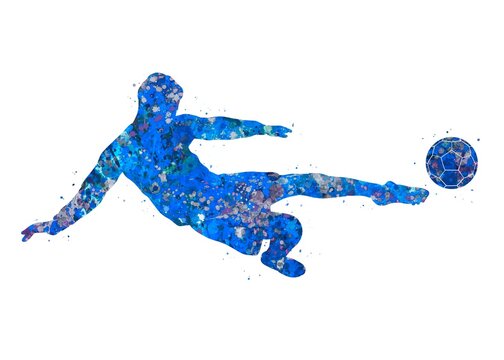 Soccer Player Shoot blue watercolor art, abstract sport painting. blue sport art print, watercolor illustration artistic, decoration wall art.