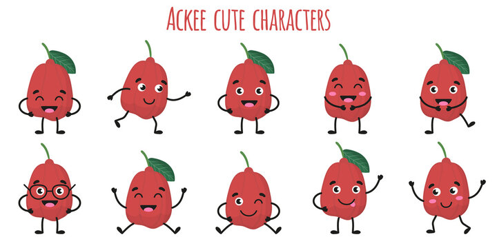 Ackee fruit cute funny cheerful characters with different poses and emotions.