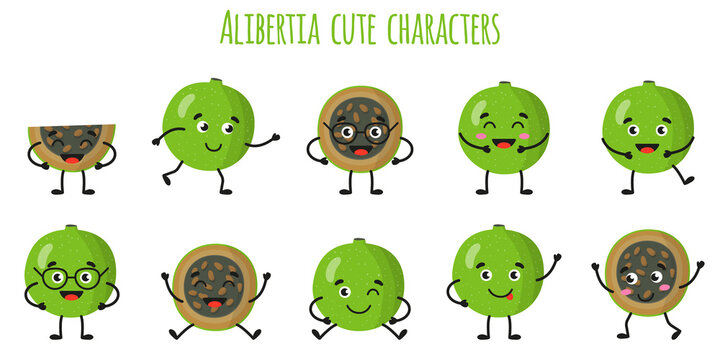 Alibertia fruit cute funny cheerful characters with different poses and emotions.
