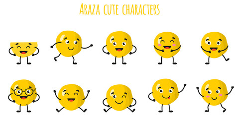 Fototapeta premium Araza fruit cute funny cheerful characters with different poses and emotions.