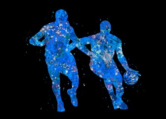 Basketball player dribble blue watercolor art black background, abstract sport painting. blue sport art print, watercolor illustration artistic, decoration wall art. © Yahya Art