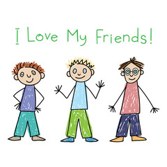 Portrait of three friends. Blond, brunette and red-haired smiling boys. Kids Drawing style. Isolated Vector illustration