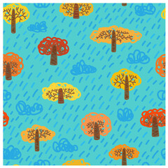 Autumn red, yellow and orange trees and rainy clouds and slanting rain on the blue background Kids Drawing style seamless pattern vector illustration