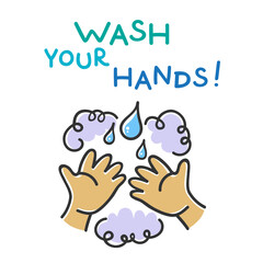 Vector sign about handwashing: two hands with soap lather under the water vector illustration 