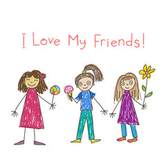 Portrait of three friends. Smiling girls with a lollypop, an ice-cream and a flower. Kids Drawing style. Isolated Vector illustration