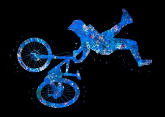 Mountain bike freestyle blue watercolor art black background, abstract sport painting. blue sport...