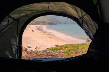 View on amazing Keem beach from a tent