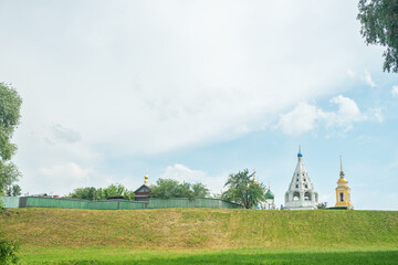 View of the Cathedral Bell Tower from the side of the Moskva River in the Fortress in the city of Kolomna in Russia