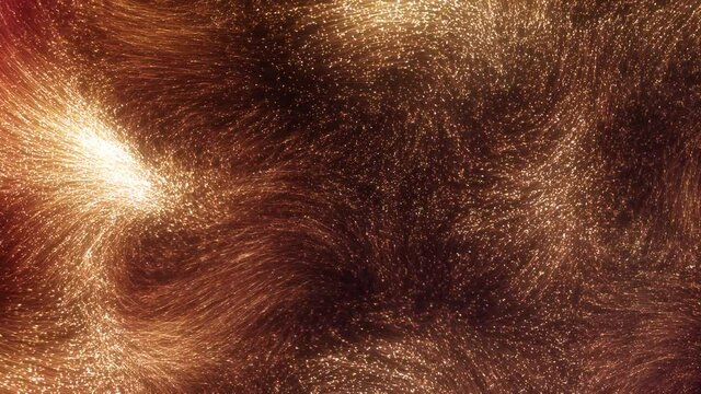 Golden hair pattern full frame abstract loop background. 3D animation fiber fur concept of an elegant premium product showcase pack shot. Gold fabric copy space for festive Christmas premium elegance.