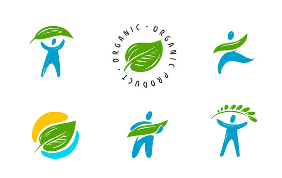Eco, organic icon set. Human with green leaves symbol. Ecology, environment concept vector illustration