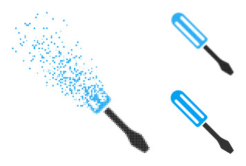 Destructed pixelated screwdriver icon with wind effect, and halftone vector image. Pixelated degradation effect for screwdriver demonstrates speed and motion of cyberspace things.