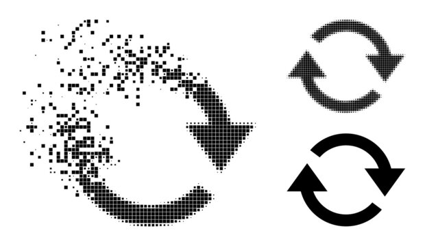 Broken pixelated refresh glyph with destruction effect, and halftone vector image. Pixelated dematerialization effect for refresh gives speed and movement of cyberspace objects.