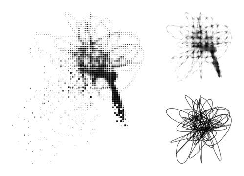 Dispersed pixelated string mess glyph with wind effect, and halftone vector icon. Pixelated mist effect for string mess reproduces speed and movement of cyberspace items.