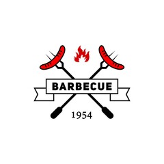 barbecue logo with modern and minimalistic stail, sausage skewer logo with beautiful ribbon.