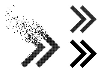 Dissolving dot shift right icon with destruction effect, and halftone vector icon. Pixel dissipation effect for shift right reproduces speed and motion of cyberspace items.