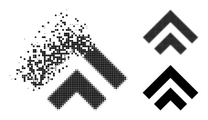 Erosion dotted shift up icon with destruction effect, and halftone vector icon. Pixelated destruction effect for shift up shows speed and movement of cyberspace items.