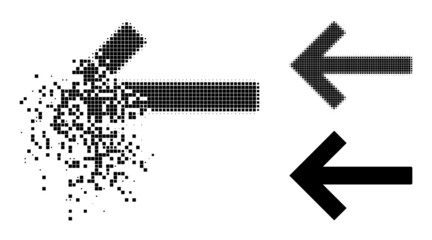 Disappearing pixelated left arrow pictogram with destruction effect, and halftone vector pictogram. Pixelated burst effect for left arrow demonstrates speed and movement of cyberspace matter.