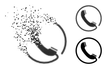 Burst dotted phone pictogram with destruction effect, and halftone vector pictogram. Pixelated explosion effect for phone demonstrates speed and motion of cyberspace things.