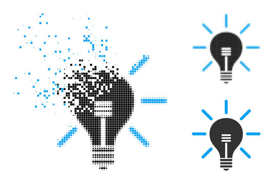 Fragmented dotted light bulb icon with wind effect, and halftone vector icon. Pixel explosion effect for light bulb gives speed and movement of cyberspace objects.