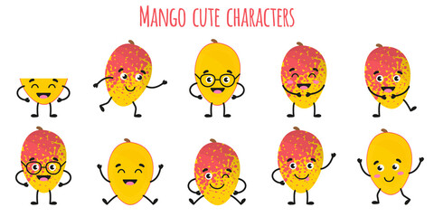 Mango fruit cute funny cheerful characters with different poses and emotions.
