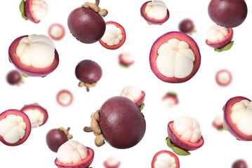 Delicious exotic mangosteen fruits flying on white background
